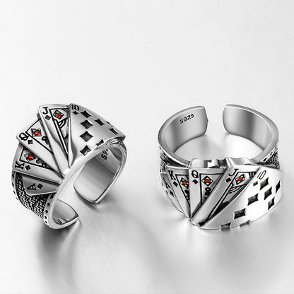 Vintage Silver Ring with Poker Pattern - Adjustable Opening for Men and Women, Retro and Unique Design